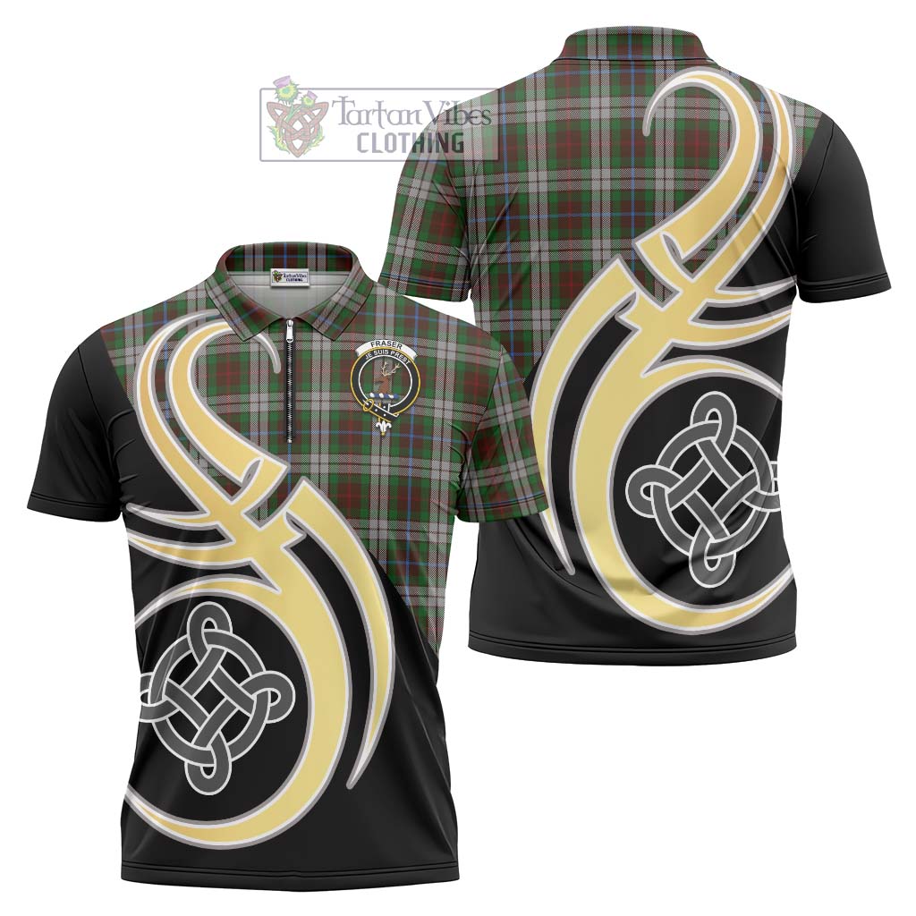 Tartan Vibes Clothing Fraser Hunting Dress Tartan Zipper Polo Shirt with Family Crest and Celtic Symbol Style