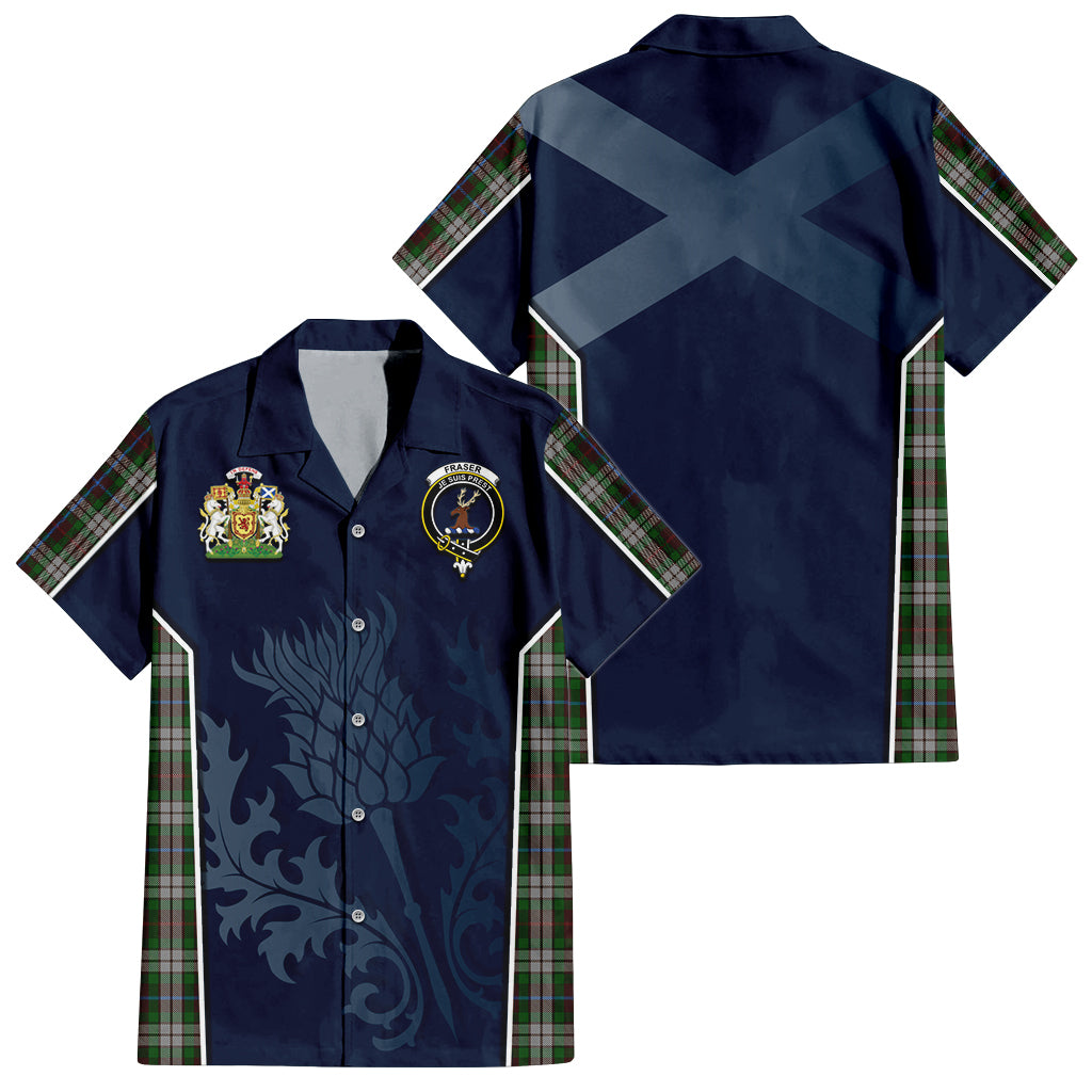 Tartan Vibes Clothing Fraser Hunting Dress Tartan Short Sleeve Button Up Shirt with Family Crest and Scottish Thistle Vibes Sport Style