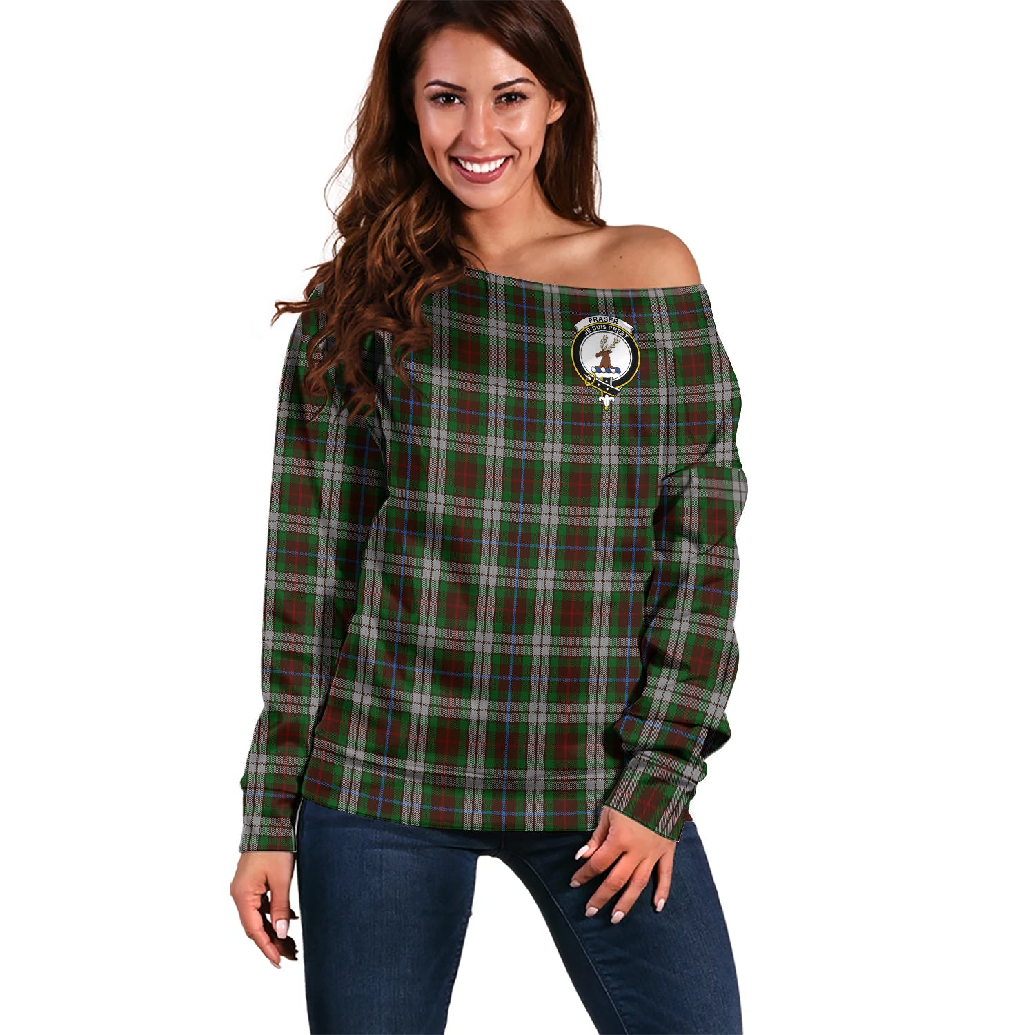 Fraser Hunting Dress Tartan Off Shoulder Women Sweater with Family Crest Women - Tartanvibesclothing