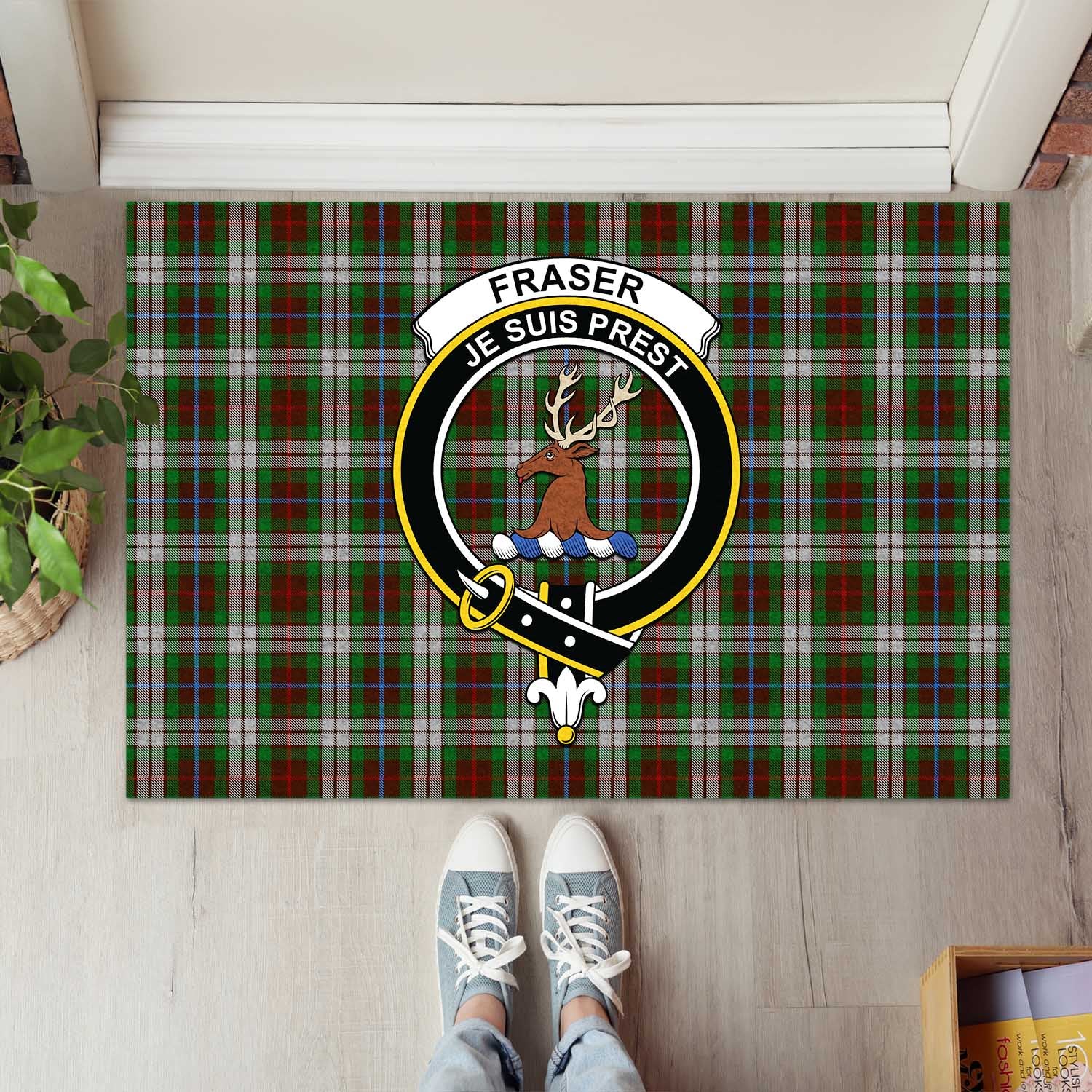 Fraser Hunting Dress Tartan Door Mat with Family Crest - Tartanvibesclothing