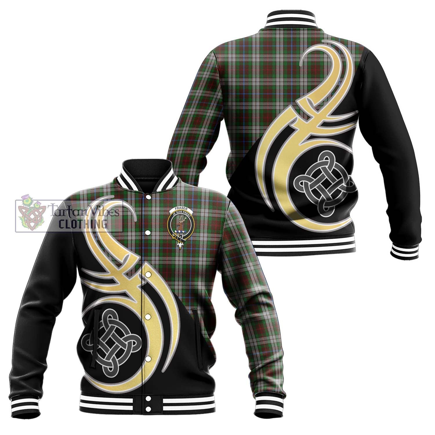 Fraser Hunting Dress Tartan Baseball Jacket with Family Crest and Celtic Symbol Style Unisex - Tartan Vibes Clothing