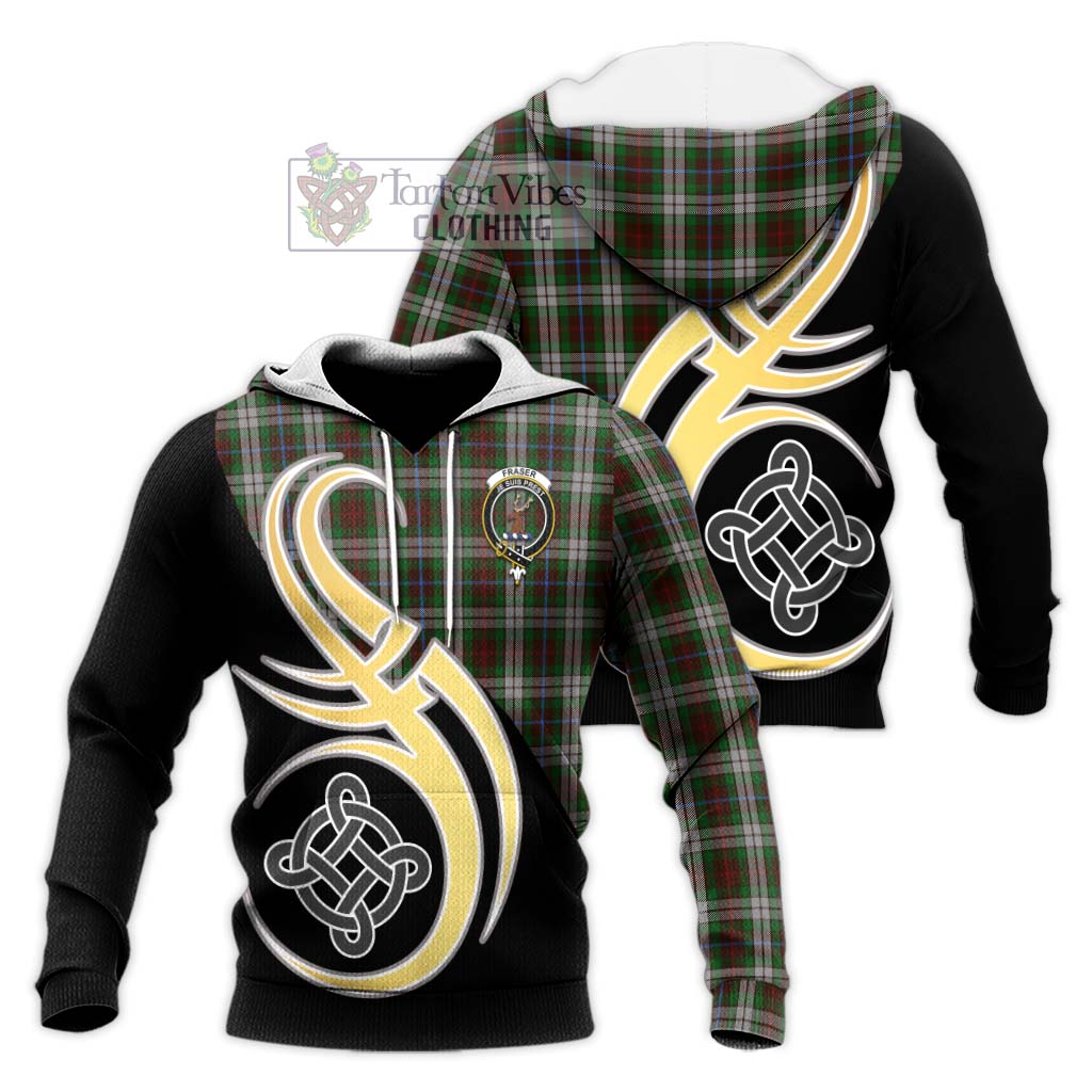 Tartan Vibes Clothing Fraser Hunting Dress Tartan Knitted Hoodie with Family Crest and Celtic Symbol Style