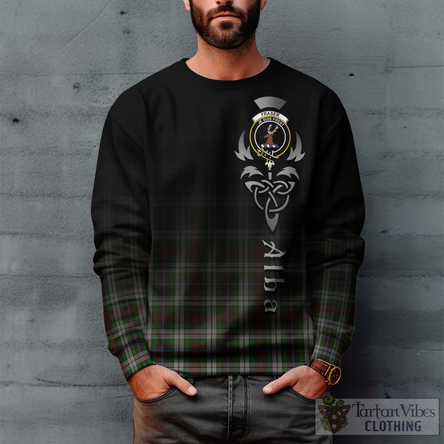 Tartan Vibes Clothing Fraser Hunting Dress Tartan Sweatshirt Featuring Alba Gu Brath Family Crest Celtic Inspired