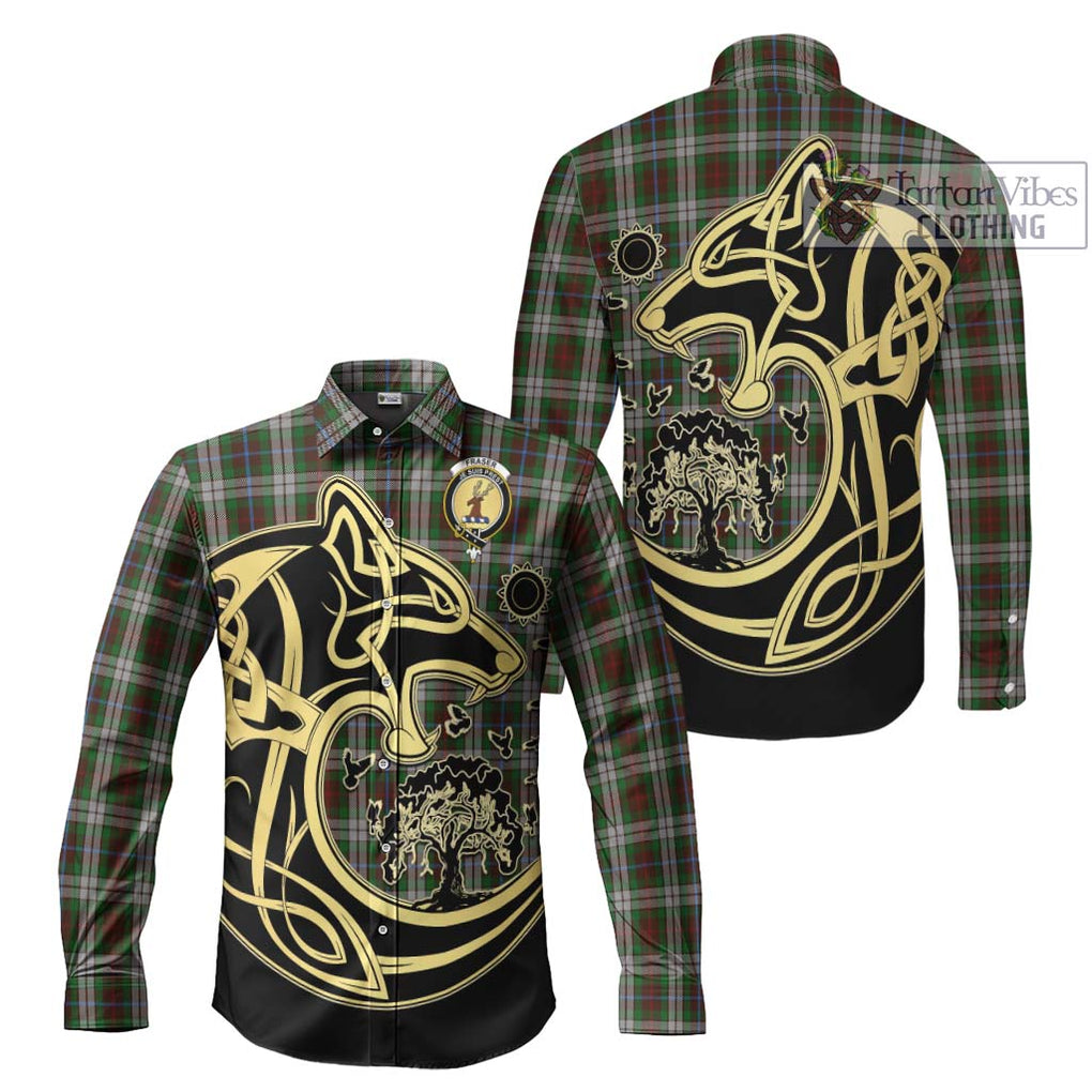 Fraser Hunting Dress Tartan Long Sleeve Button Shirt with Family Crest Celtic Wolf Style Men's Shirt S - Tartan Vibes Clothing