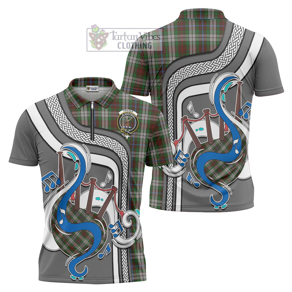 Fraser Hunting Dress Tartan Zipper Polo Shirt with Epic Bagpipe Style Unisex - Tartanvibesclothing Shop