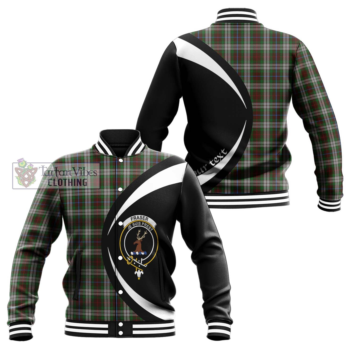 Fraser Hunting Dress Tartan Baseball Jacket with Family Crest Circle Style Unisex - Tartan Vibes Clothing