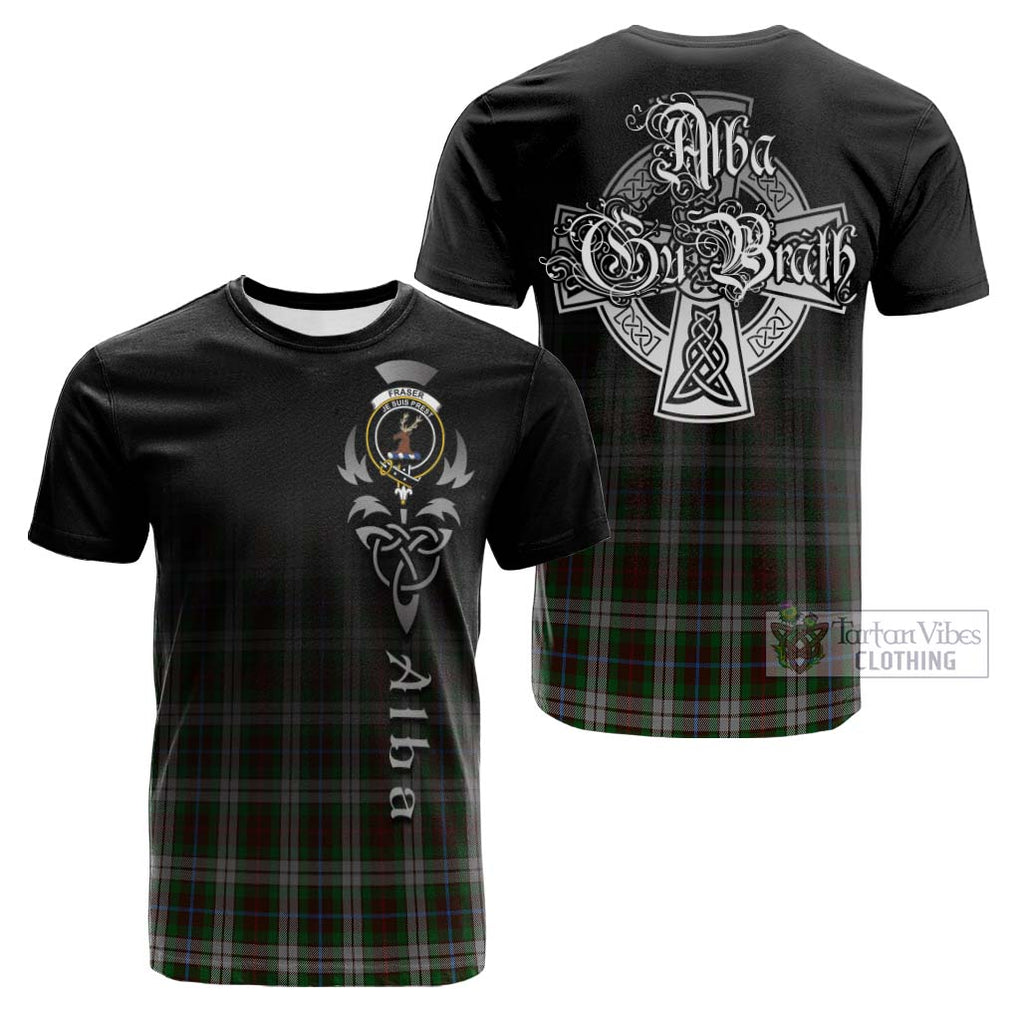 Tartan Vibes Clothing Fraser Hunting Dress Tartan Cotton T-shirt Featuring Alba Gu Brath Family Crest Celtic Inspired