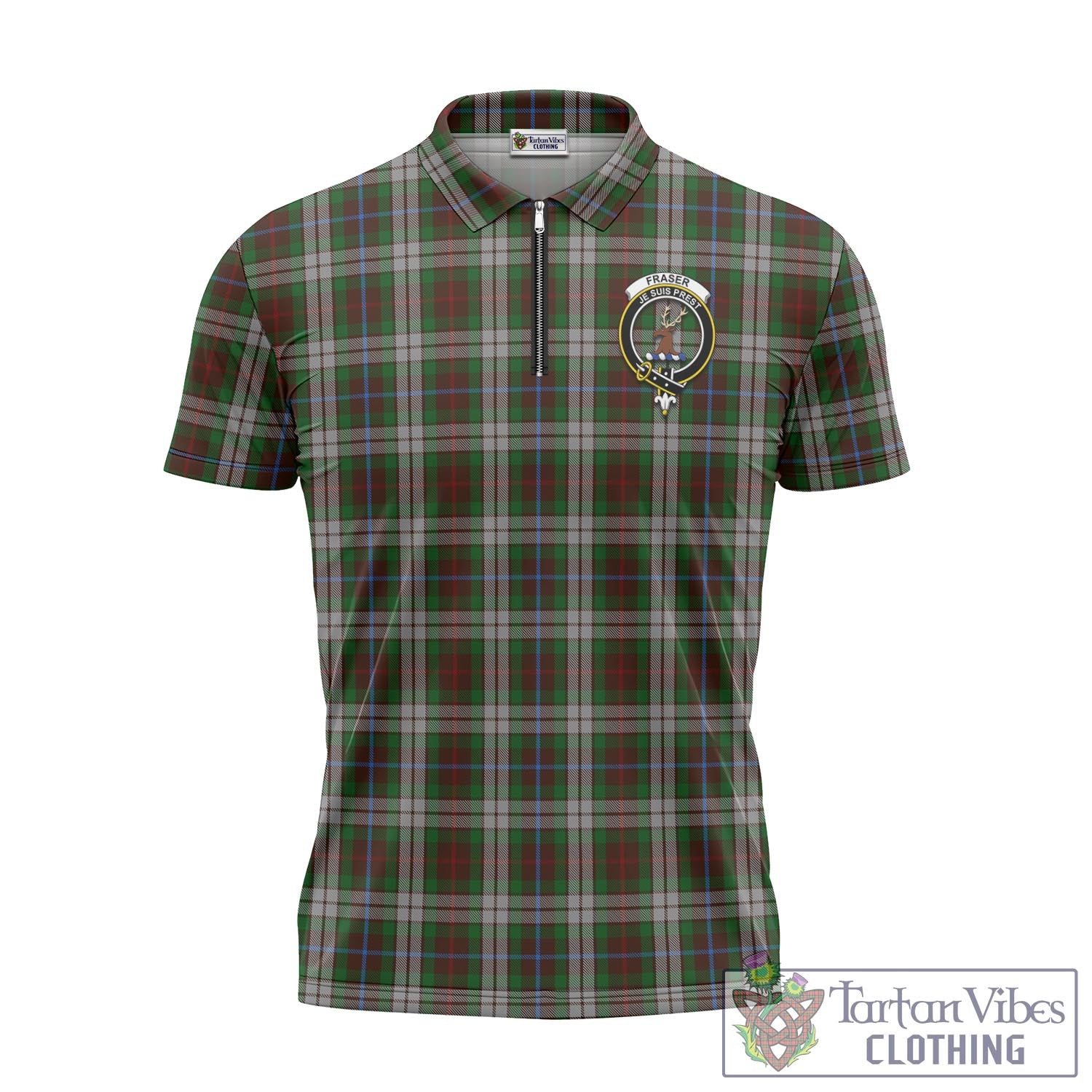 Tartan Vibes Clothing Fraser Hunting Dress Tartan Zipper Polo Shirt with Family Crest