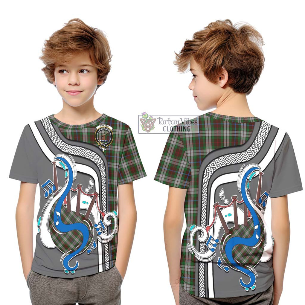 Tartan Vibes Clothing Fraser Hunting Dress Tartan Kid T-Shirt with Epic Bagpipe Style