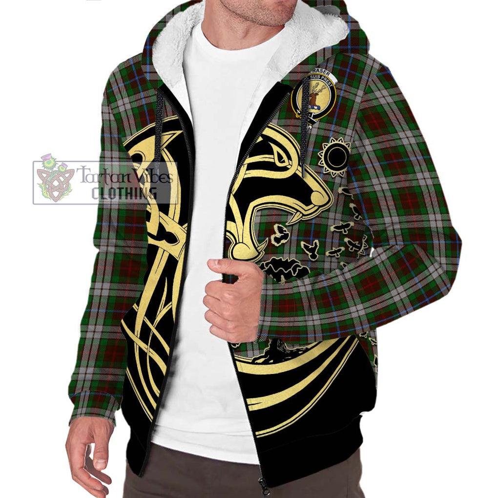 Fraser Hunting Dress Tartan Sherpa Hoodie with Family Crest Celtic Wolf Style Unisex S - Tartan Vibes Clothing