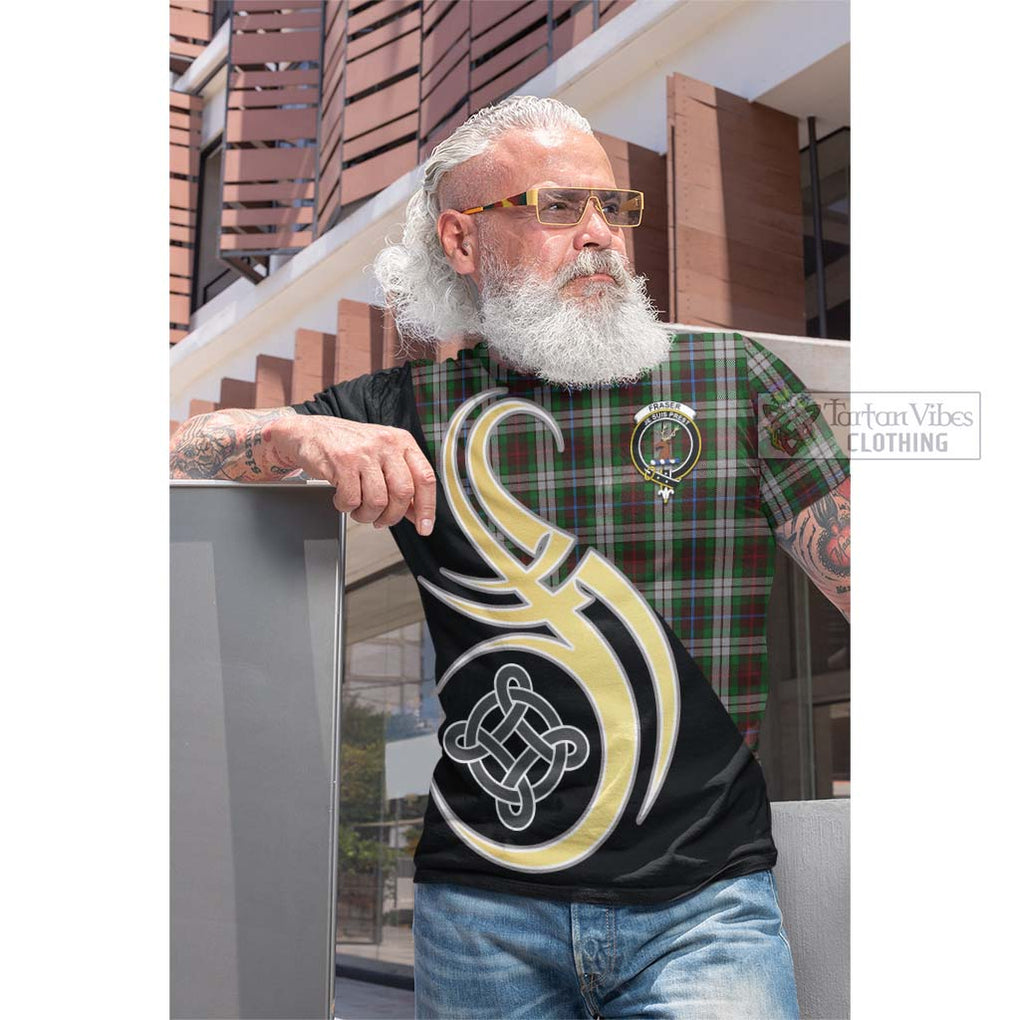 Tartan Vibes Clothing Fraser Hunting Dress Tartan Cotton T-shirt with Family Crest and Celtic Symbol Style