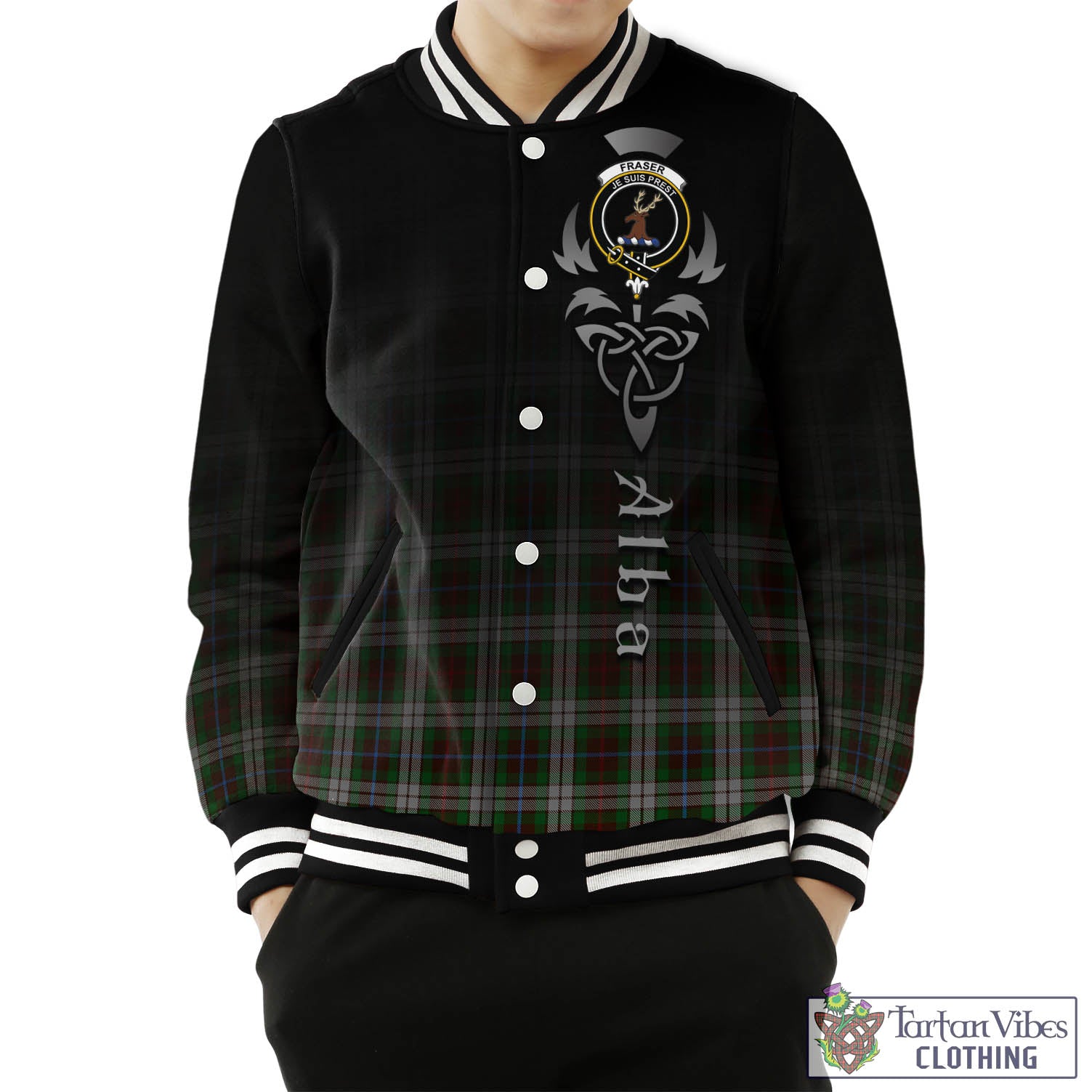 Tartan Vibes Clothing Fraser Hunting Dress Tartan Baseball Jacket Featuring Alba Gu Brath Family Crest Celtic Inspired