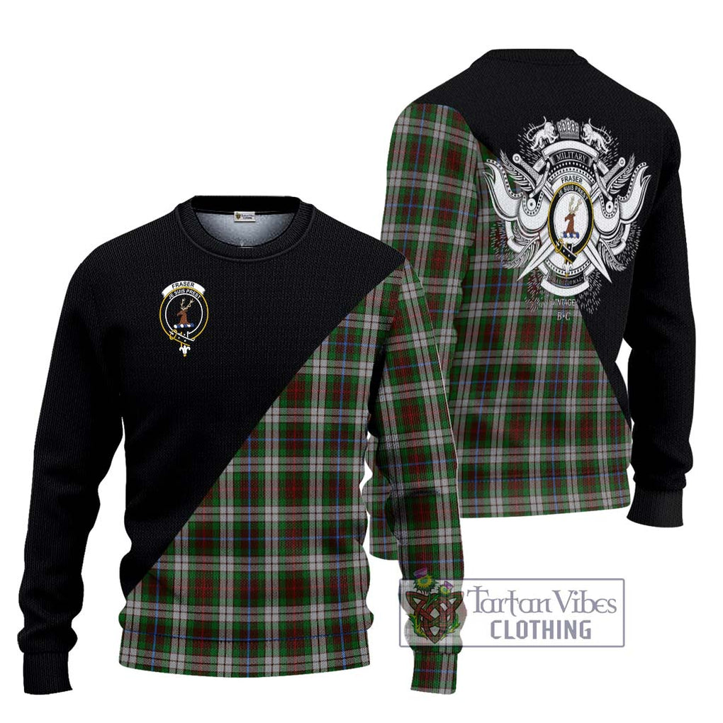 Fraser Hunting Dress Tartan Knitted Sweater with Family Crest and Military Logo Style Unisex - Tartanvibesclothing Shop