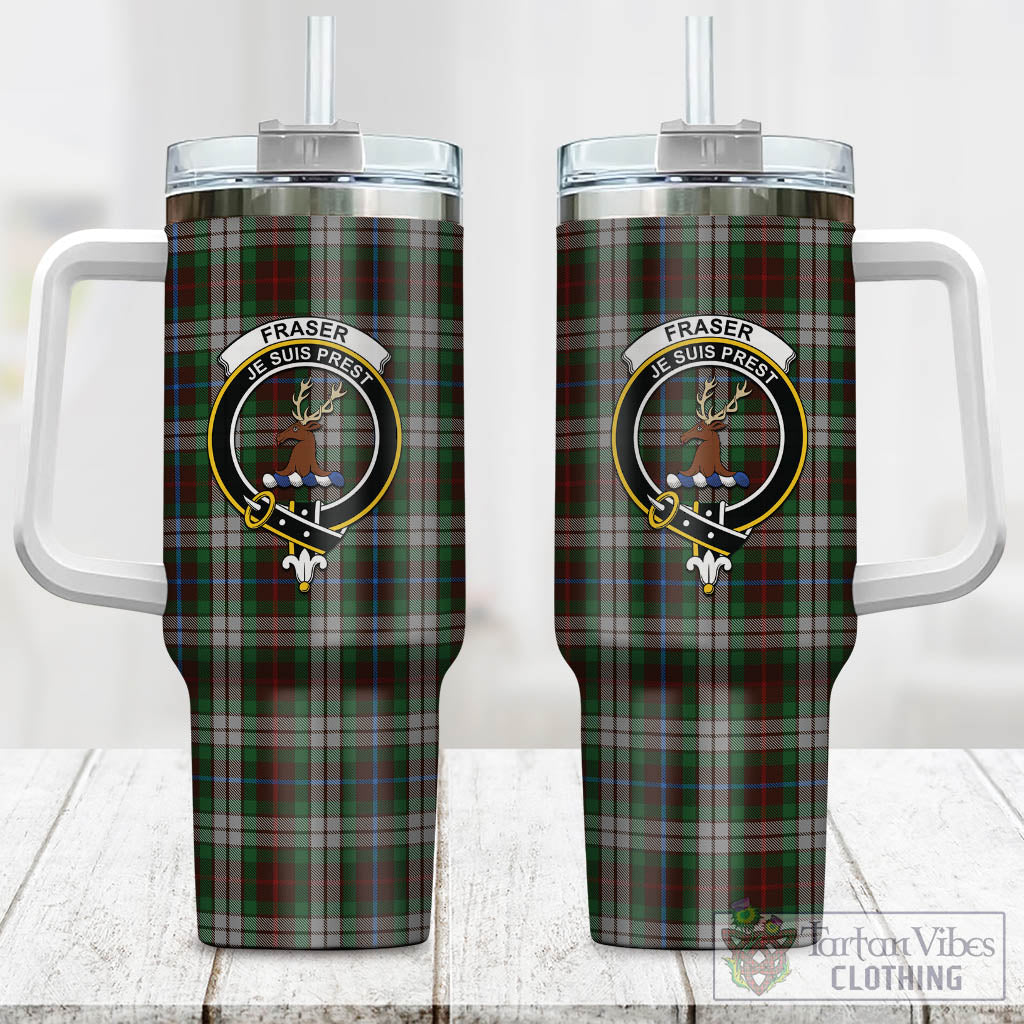 Tartan Vibes Clothing Fraser Hunting Dress Tartan and Family Crest Tumbler with Handle