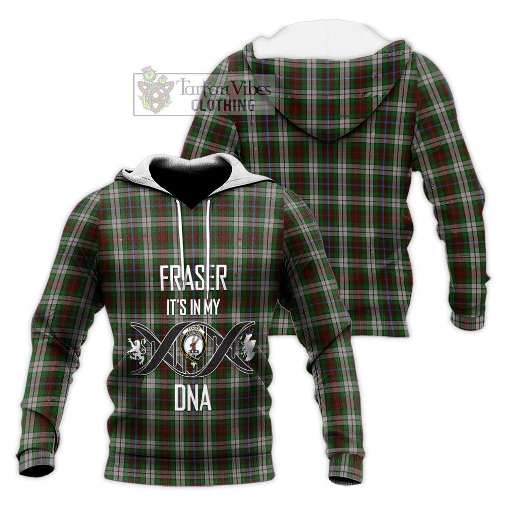 Fraser Hunting Dress Tartan Knitted Hoodie with Family Crest DNA In Me Style Unisex Knitted Pullover Hoodie - Tartanvibesclothing Shop