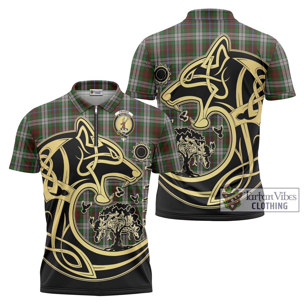 Fraser Hunting Dress Tartan Zipper Polo Shirt with Family Crest Celtic Wolf Style Unisex - Tartanvibesclothing Shop