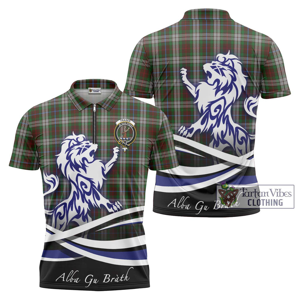 Fraser Hunting Dress Tartan Zipper Polo Shirt with Alba Gu Brath Regal Lion Emblem Unisex - Tartanvibesclothing Shop