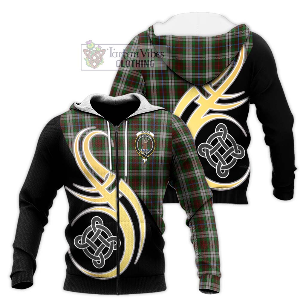 Tartan Vibes Clothing Fraser Hunting Dress Tartan Knitted Hoodie with Family Crest and Celtic Symbol Style