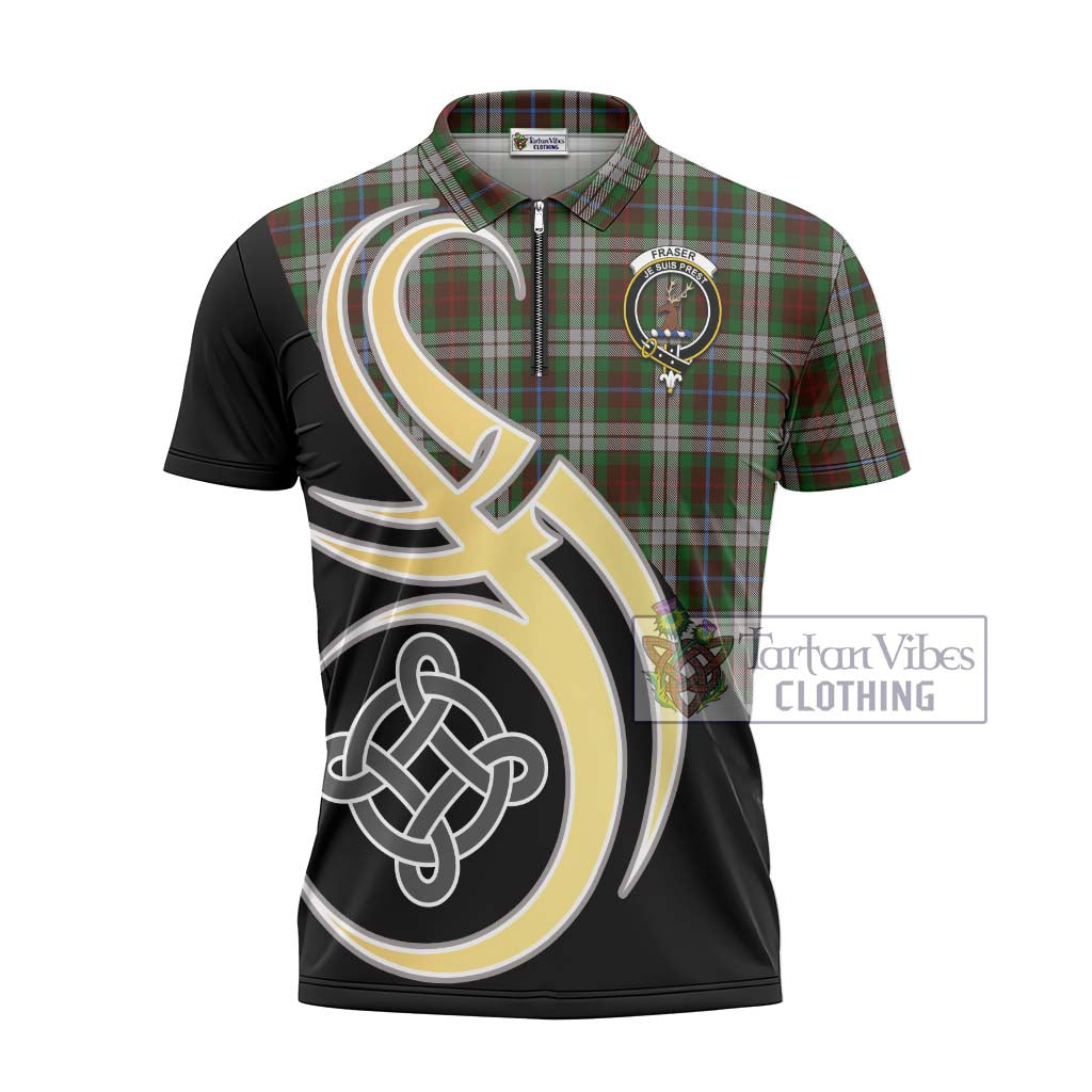 Tartan Vibes Clothing Fraser Hunting Dress Tartan Zipper Polo Shirt with Family Crest and Celtic Symbol Style