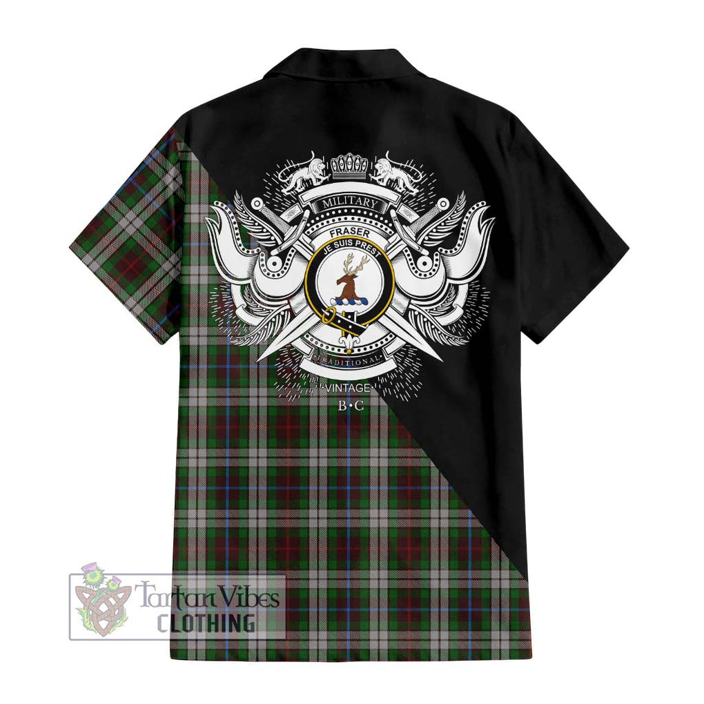 Fraser Hunting Dress Tartan Short Sleeve Button Shirt with Family Crest and Military Logo Style - Tartanvibesclothing Shop