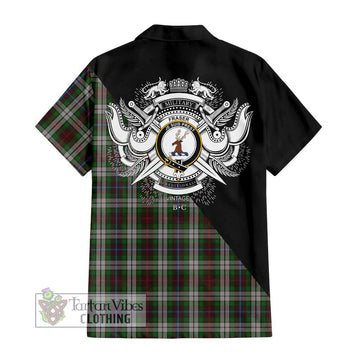 Fraser Hunting Dress Tartan Short Sleeve Button Shirt with Family Crest and Military Logo Style