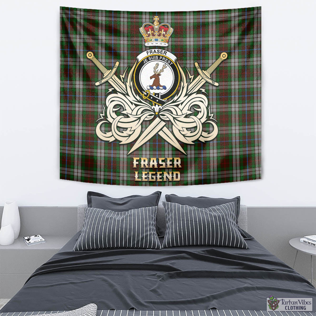 Tartan Vibes Clothing Fraser Hunting Dress Tartan Tapestry with Clan Crest and the Golden Sword of Courageous Legacy