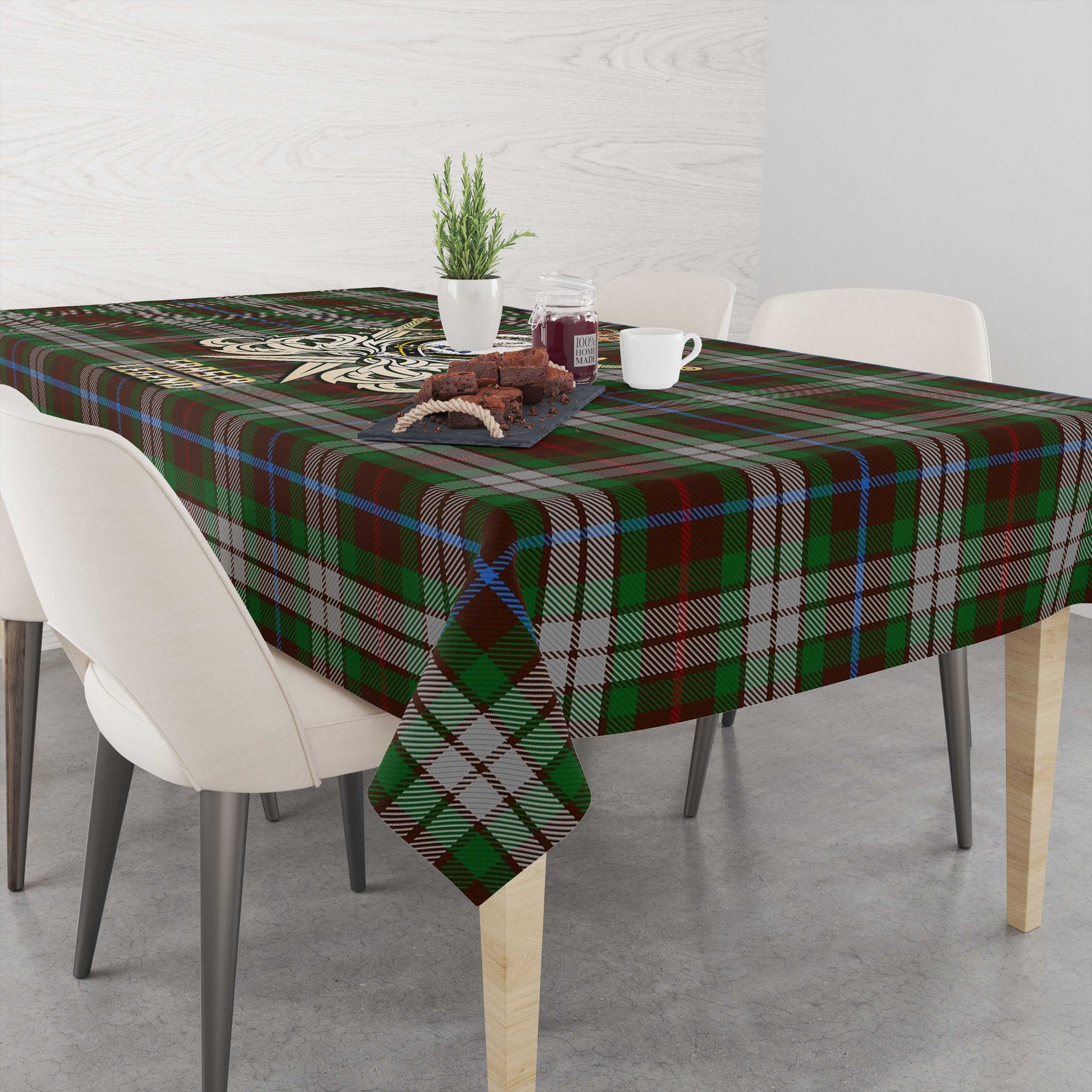 Tartan Vibes Clothing Fraser Hunting Dress Tartan Tablecloth with Clan Crest and the Golden Sword of Courageous Legacy