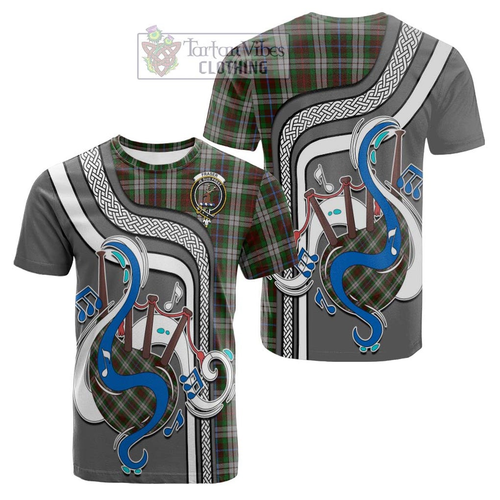 Tartan Vibes Clothing Fraser Hunting Dress Tartan Cotton T-shirt with Epic Bagpipe Style