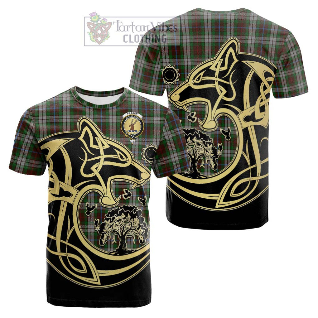 Tartan Vibes Clothing Fraser Hunting Dress Tartan Cotton T-shirt with Family Crest Celtic Wolf Style