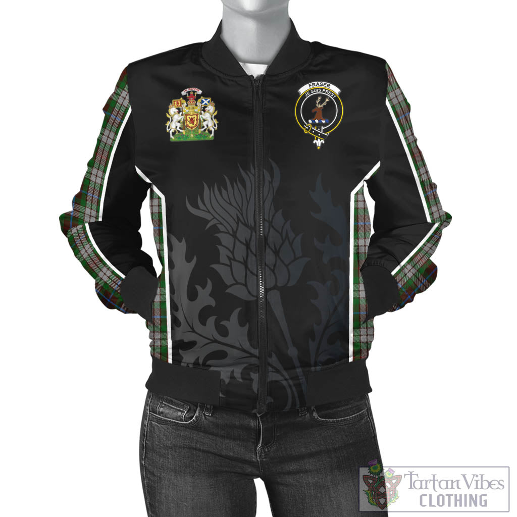 Tartan Vibes Clothing Fraser Hunting Dress Tartan Bomber Jacket with Family Crest and Scottish Thistle Vibes Sport Style