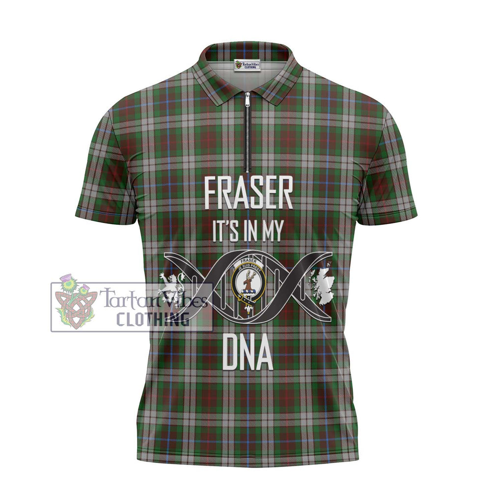 Fraser Hunting Dress Tartan Zipper Polo Shirt with Family Crest DNA In Me Style - Tartanvibesclothing Shop