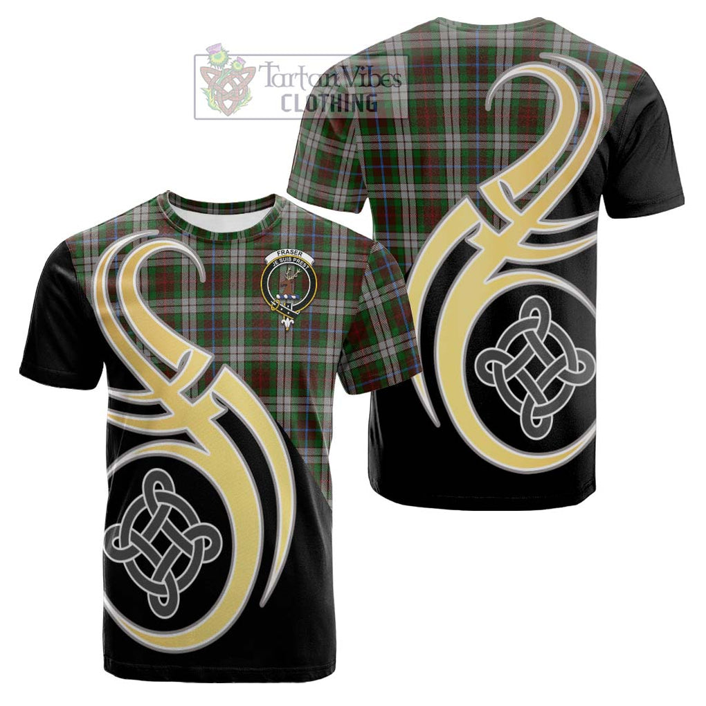 Tartan Vibes Clothing Fraser Hunting Dress Tartan Cotton T-shirt with Family Crest and Celtic Symbol Style