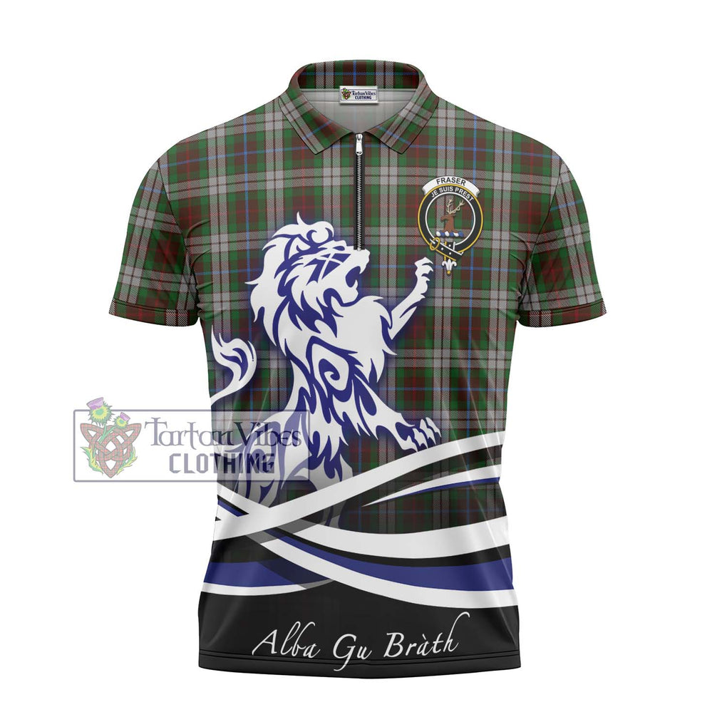 Fraser Hunting Dress Tartan Zipper Polo Shirt with Alba Gu Brath Regal Lion Emblem - Tartanvibesclothing Shop