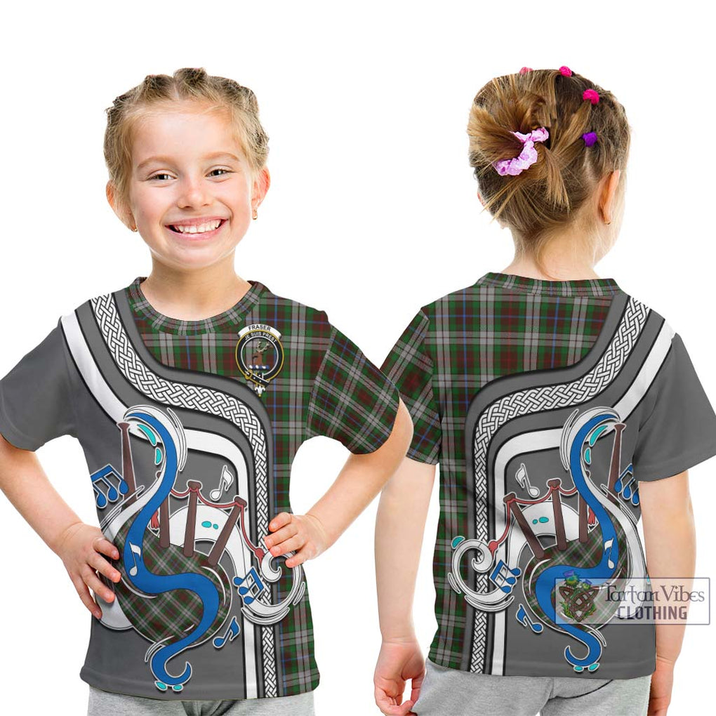 Tartan Vibes Clothing Fraser Hunting Dress Tartan Kid T-Shirt with Epic Bagpipe Style