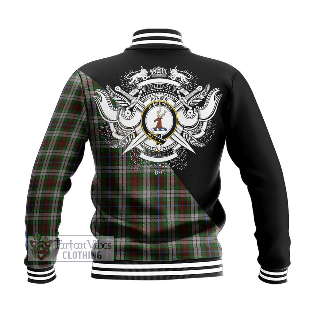 Fraser Hunting Dress Tartan Baseball Jacket with Family Crest and Military Logo Style - Tartanvibesclothing Shop