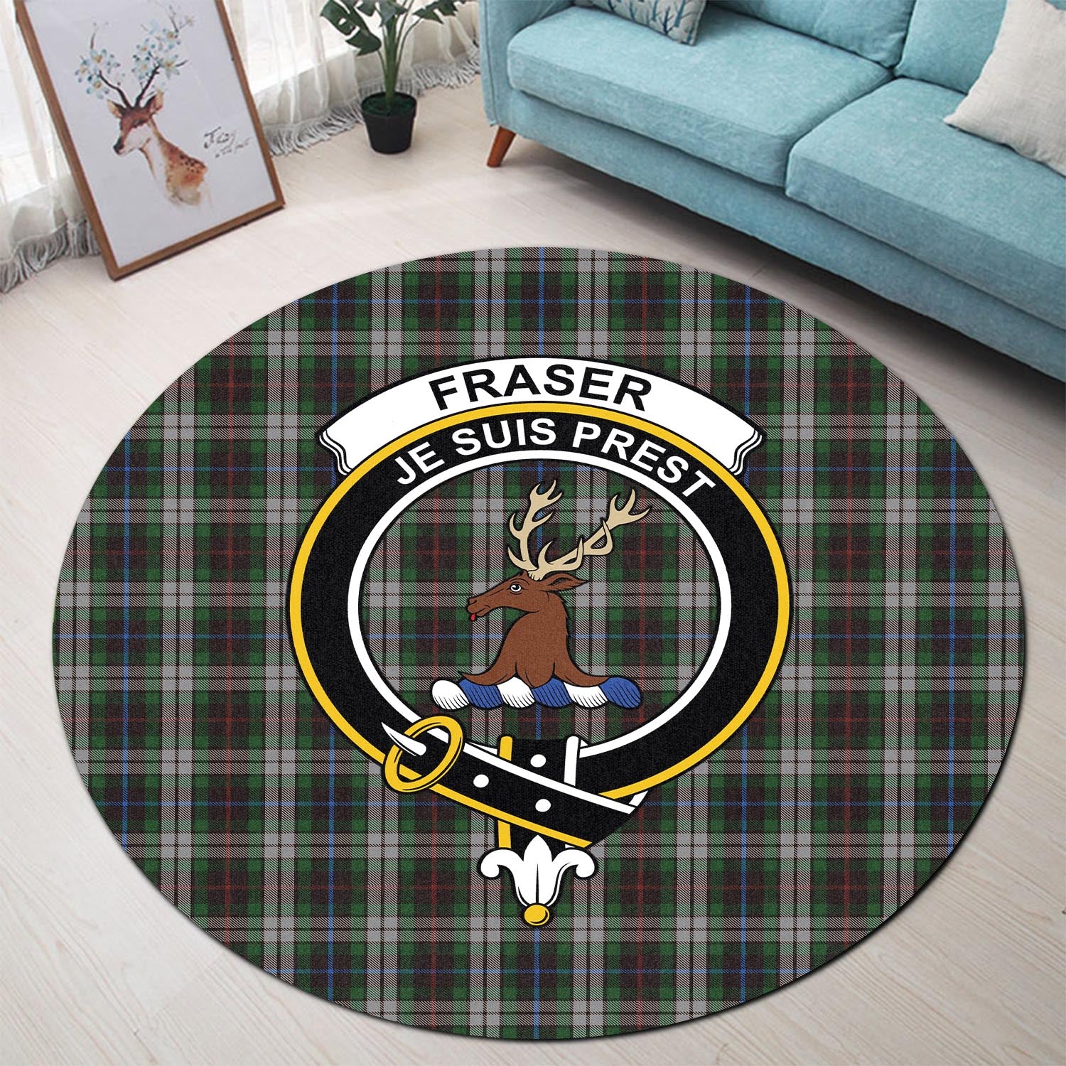 fraser-hunting-dress-tartan-round-rug-with-family-crest