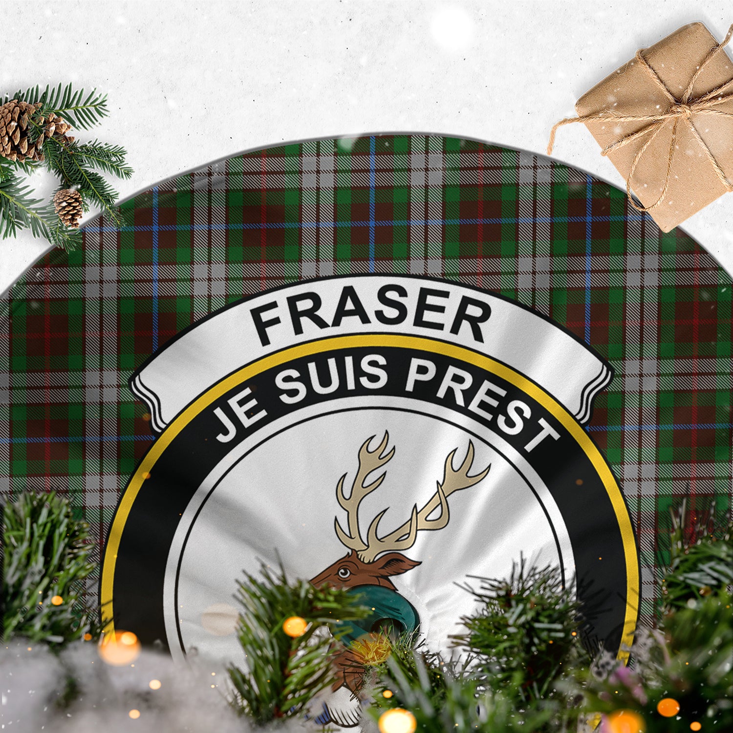 Fraser Hunting Dress Tartan Christmas Tree Skirt with Family Crest - Tartanvibesclothing