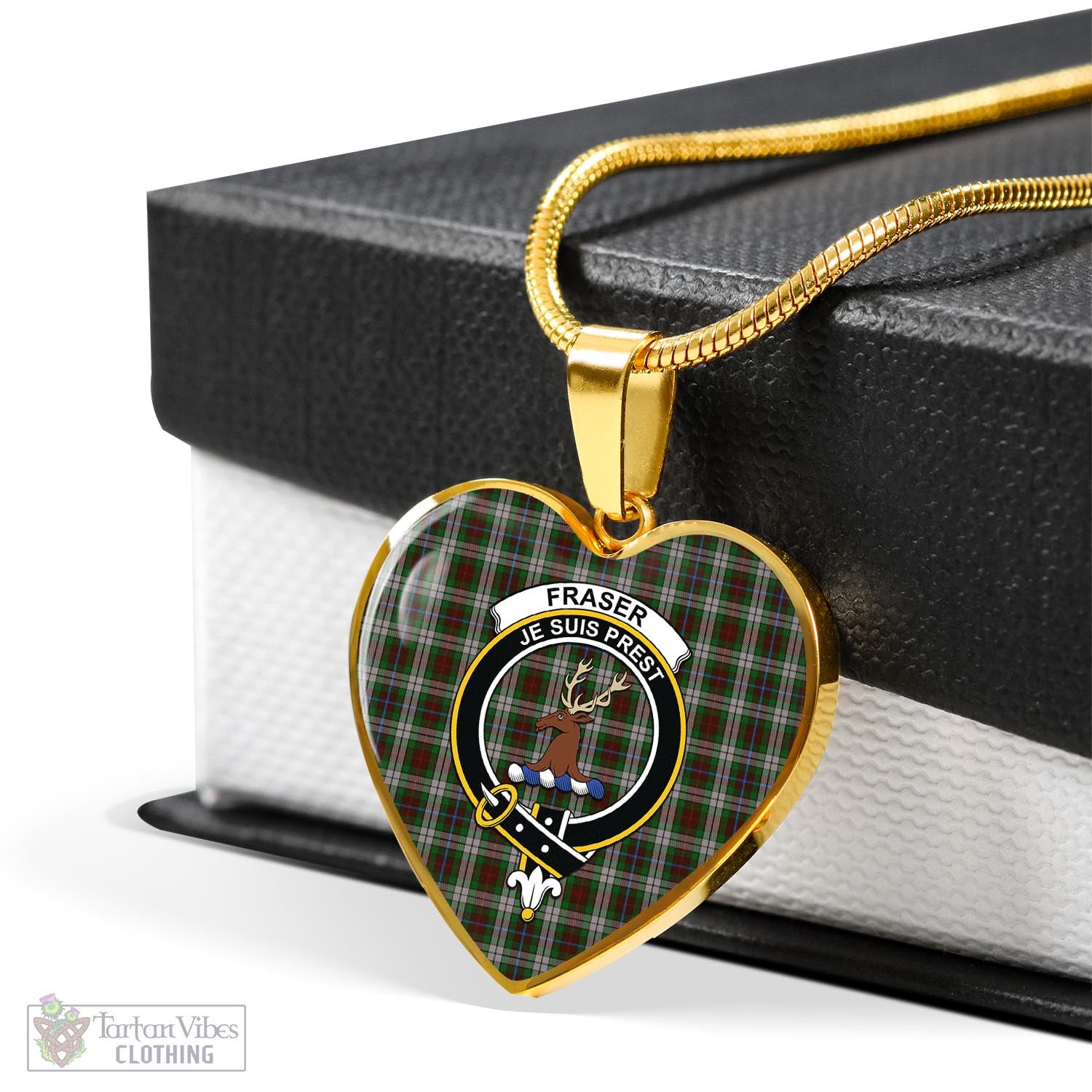 Tartan Vibes Clothing Fraser Hunting Dress Tartan Heart Necklace with Family Crest