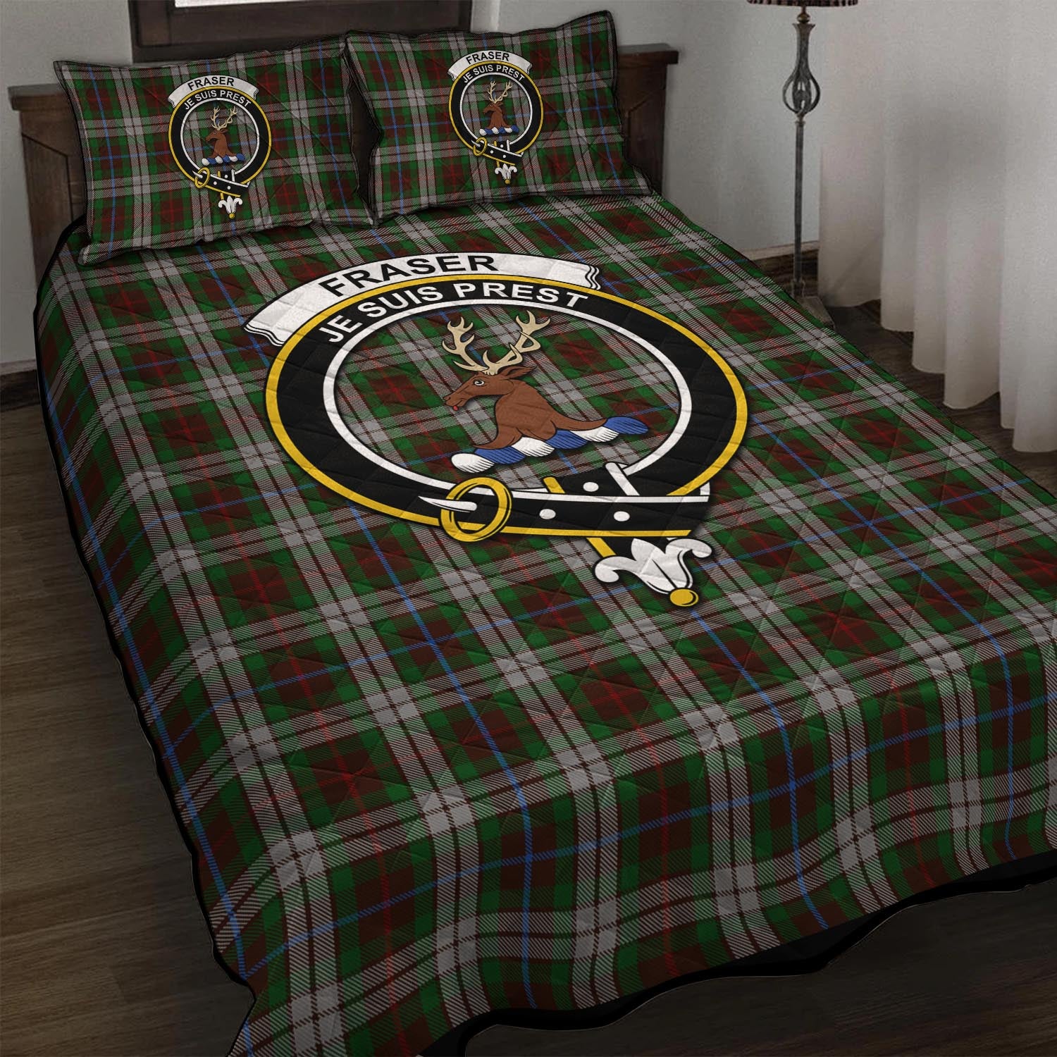 Fraser Hunting Dress Tartan Quilt Bed Set with Family Crest - Tartan Vibes Clothing