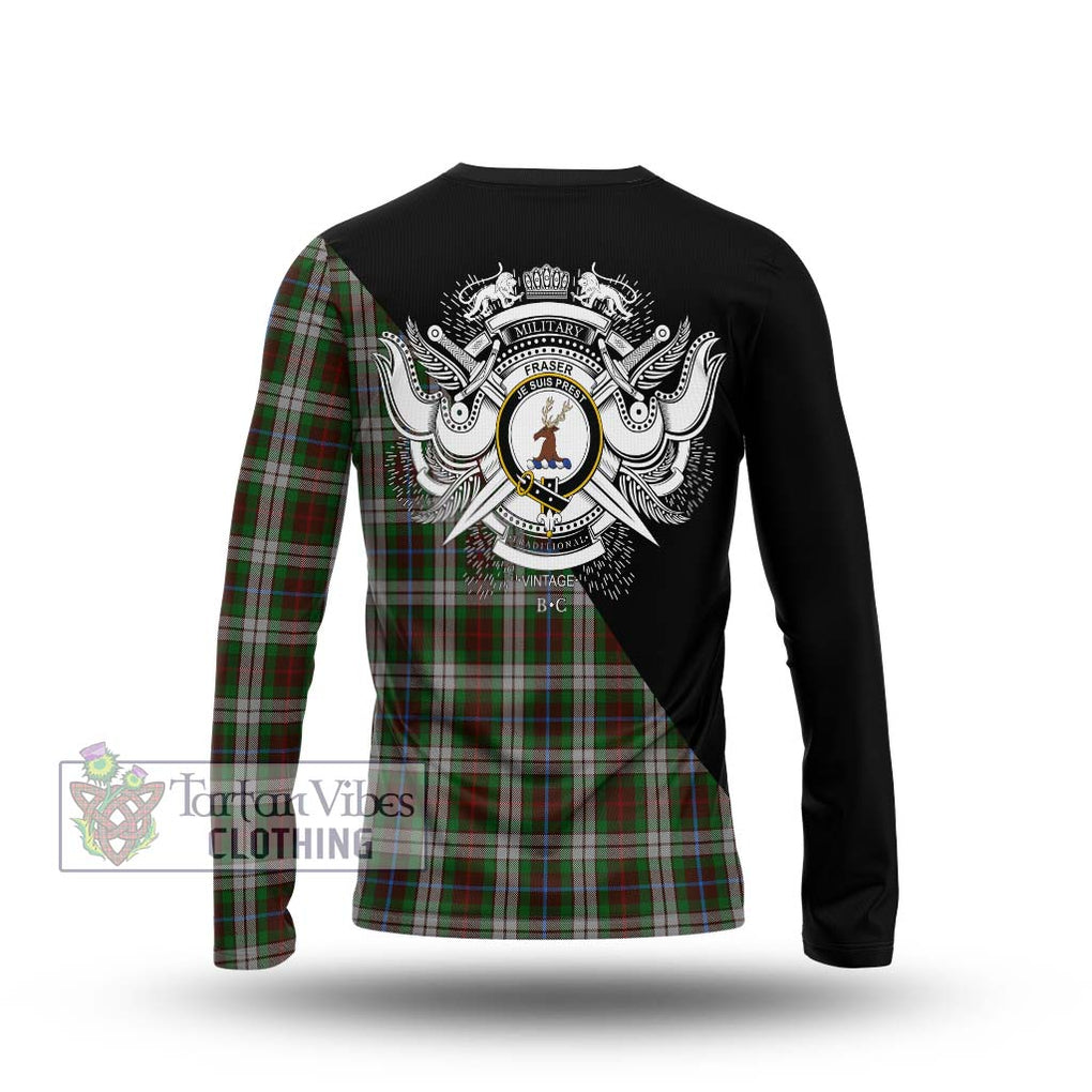 Fraser Hunting Dress Tartan Long Sleeve T-Shirt with Family Crest and Military Logo Style - Tartanvibesclothing Shop