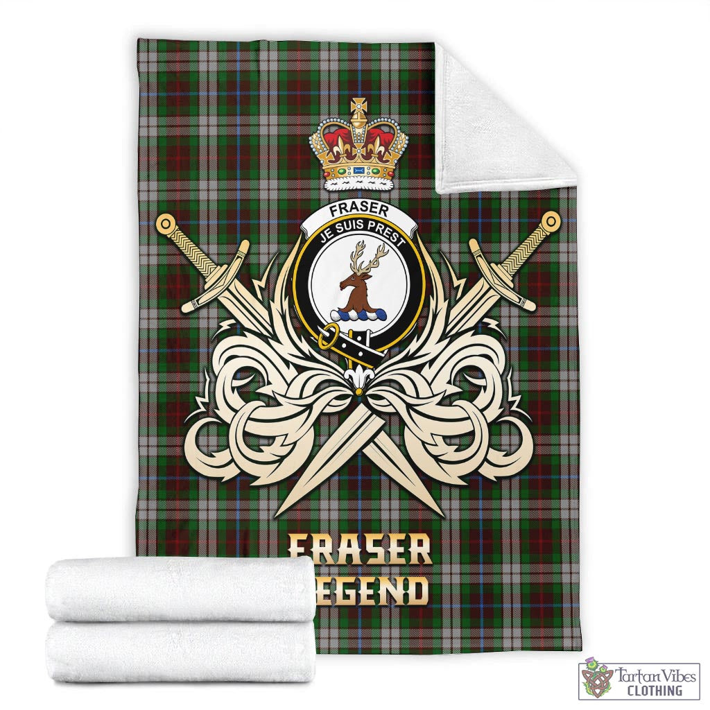 Tartan Vibes Clothing Fraser Hunting Dress Tartan Blanket with Clan Crest and the Golden Sword of Courageous Legacy