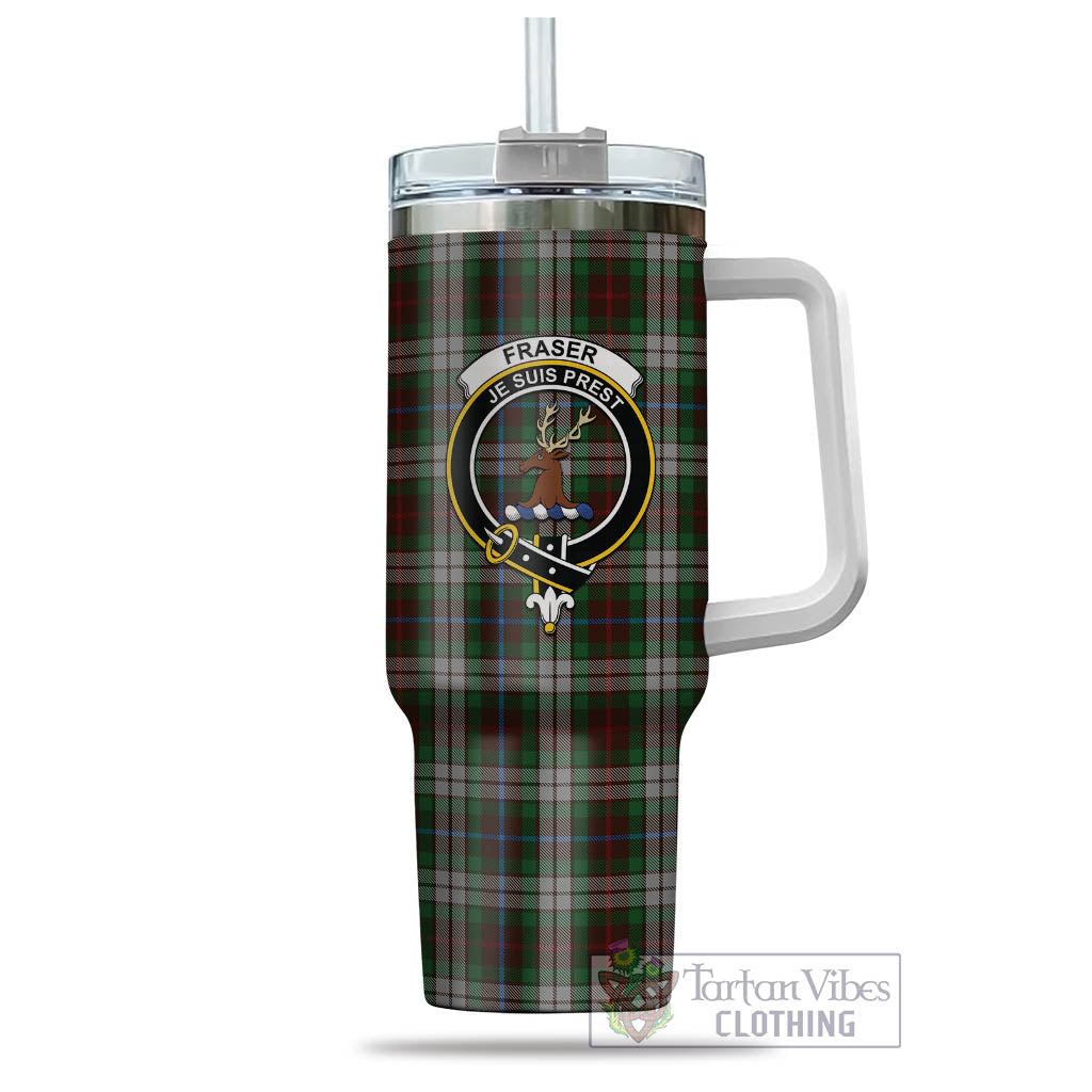 Tartan Vibes Clothing Fraser Hunting Dress Tartan and Family Crest Tumbler with Handle