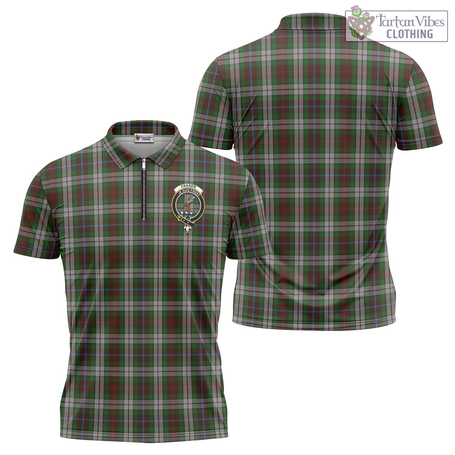 Tartan Vibes Clothing Fraser Hunting Dress Tartan Zipper Polo Shirt with Family Crest