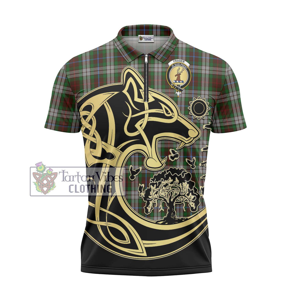 Fraser Hunting Dress Tartan Zipper Polo Shirt with Family Crest Celtic Wolf Style - Tartanvibesclothing Shop