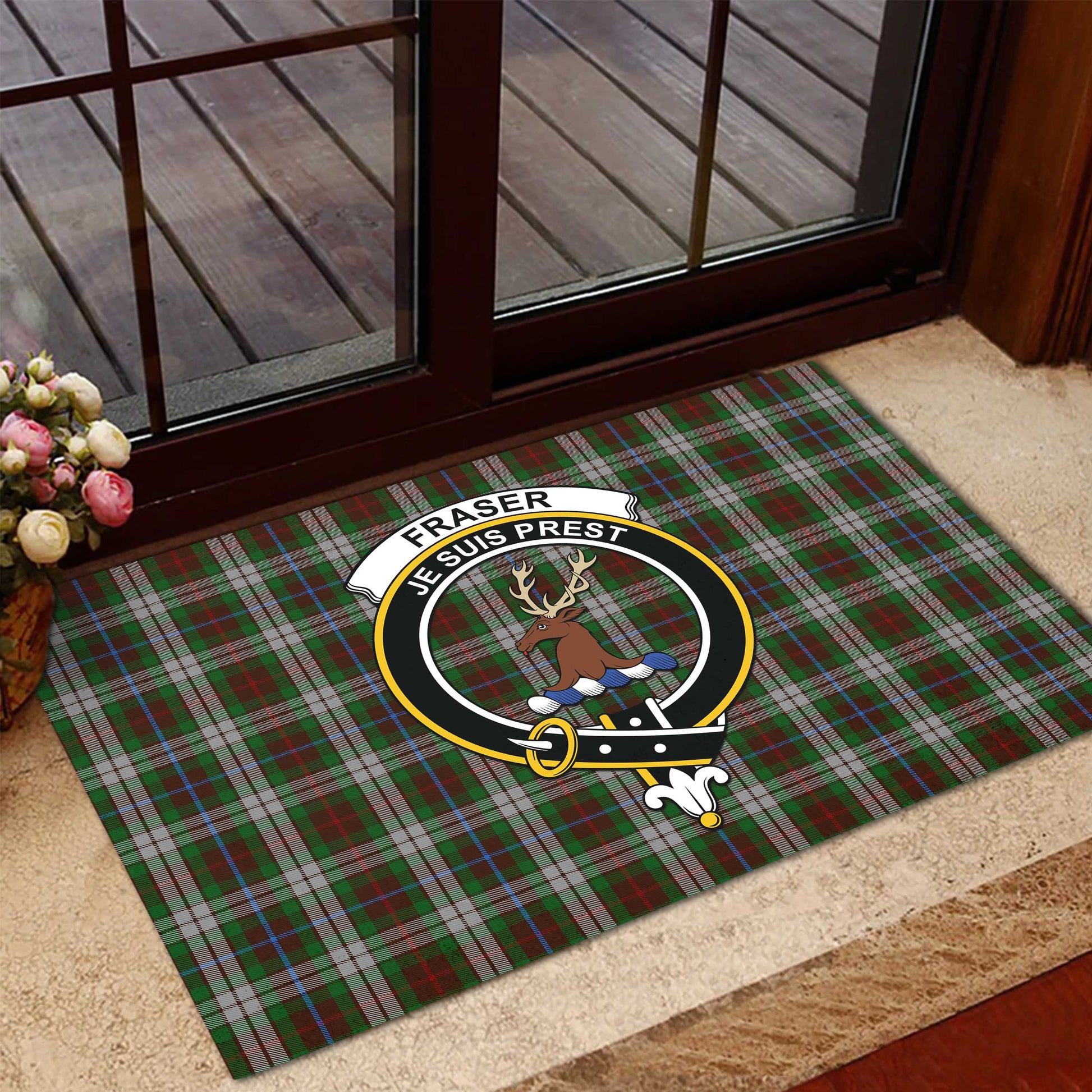 Fraser Hunting Dress Tartan Door Mat with Family Crest - Tartanvibesclothing