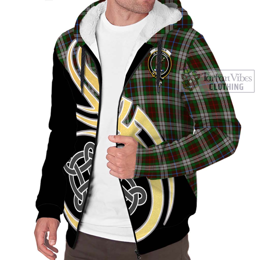 Fraser Hunting Dress Tartan Sherpa Hoodie with Family Crest and Celtic Symbol Style - Tartan Vibes Clothing