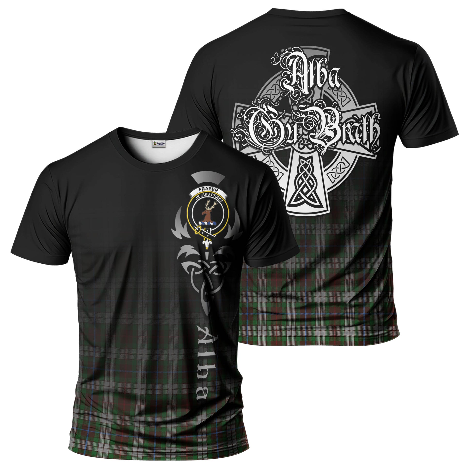 Tartan Vibes Clothing Fraser Hunting Dress Tartan T-Shirt Featuring Alba Gu Brath Family Crest Celtic Inspired