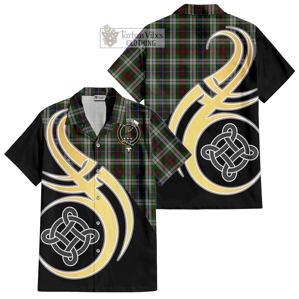 Fraser Hunting Dress Tartan Short Sleeve Button Shirt with Family Crest and Celtic Symbol Style - Tartan Vibes Clothing