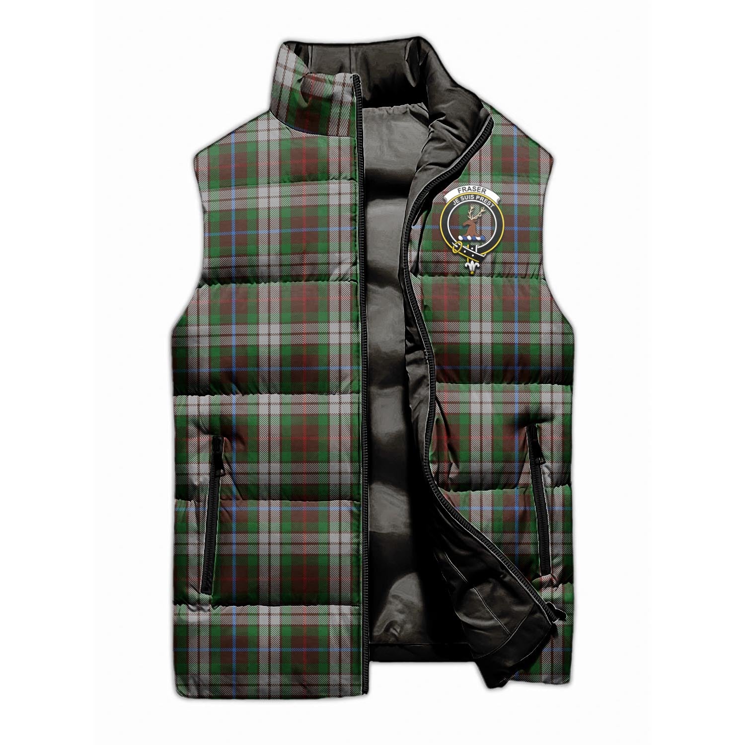 Fraser Hunting Dress Tartan Sleeveless Puffer Jacket with Family Crest - Tartanvibesclothing