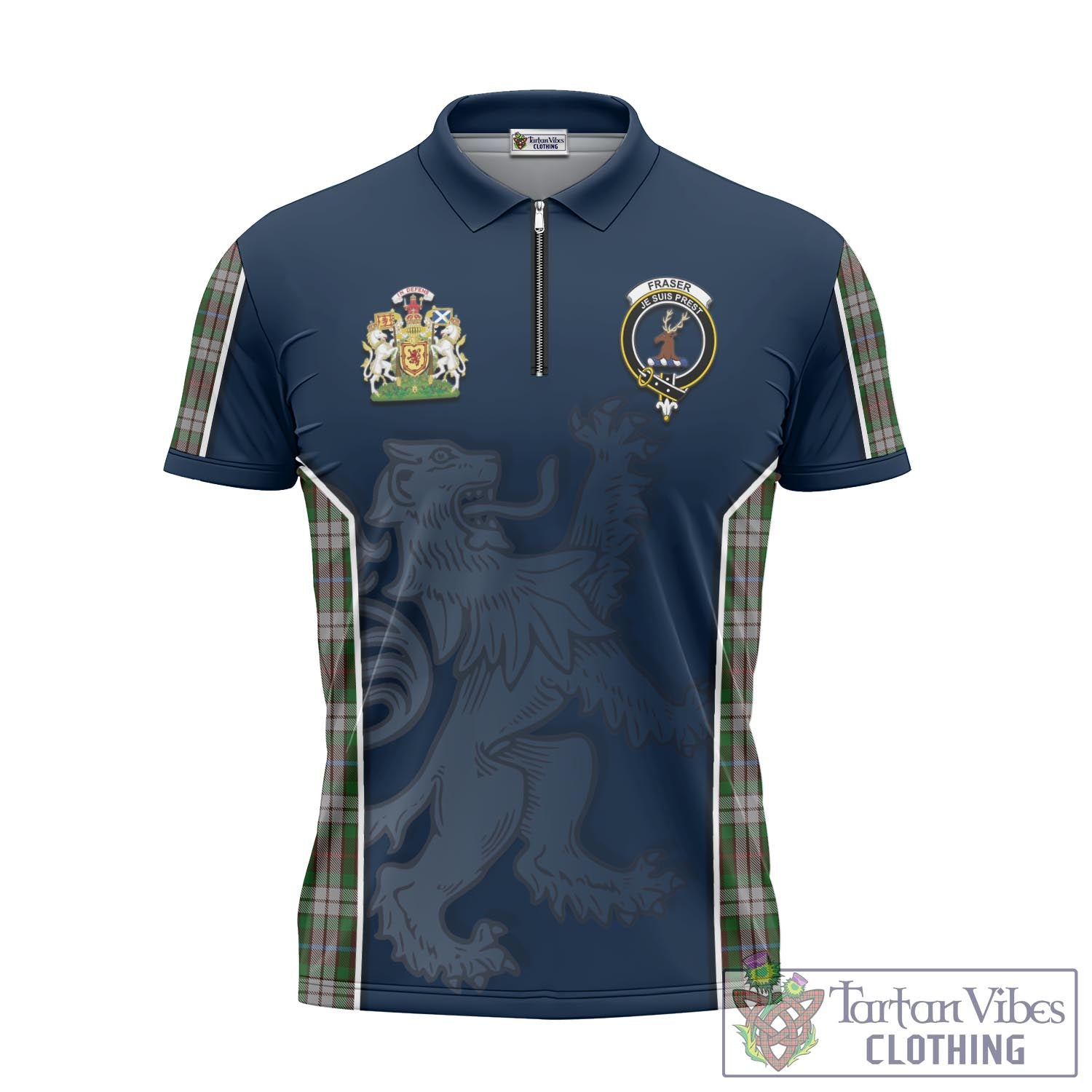 Tartan Vibes Clothing Fraser Hunting Dress Tartan Zipper Polo Shirt with Family Crest and Lion Rampant Vibes Sport Style